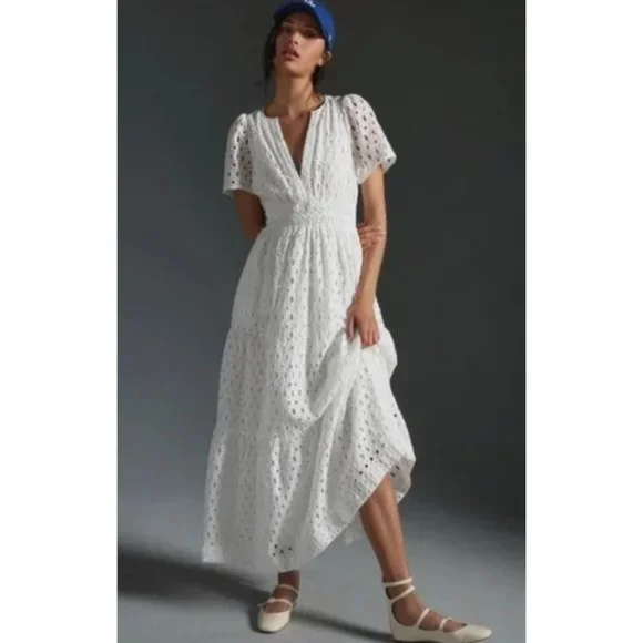 anthropologie white maxi dress By Long-Sleeve Smocked Tiered 36 hips and 32 bust Long White Formal Dresses |